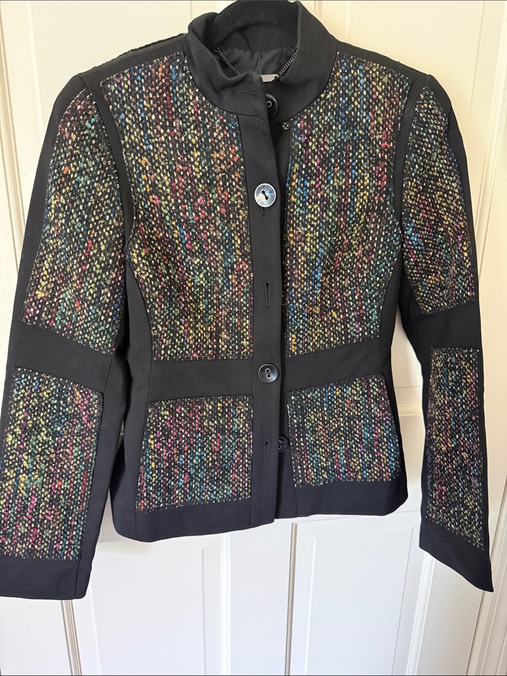 Trina Turk Black Jacket with Multicolor Tweed Panels